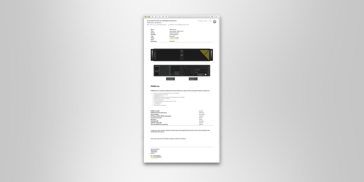 AV Stumpfl PIXERA Konfigurator Email